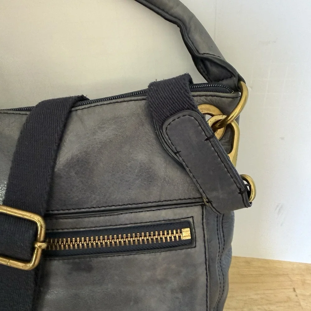 Fossil Dusty Blue Leather Handbag Zip Convertable Crossbody Shoulder Satchel Bag